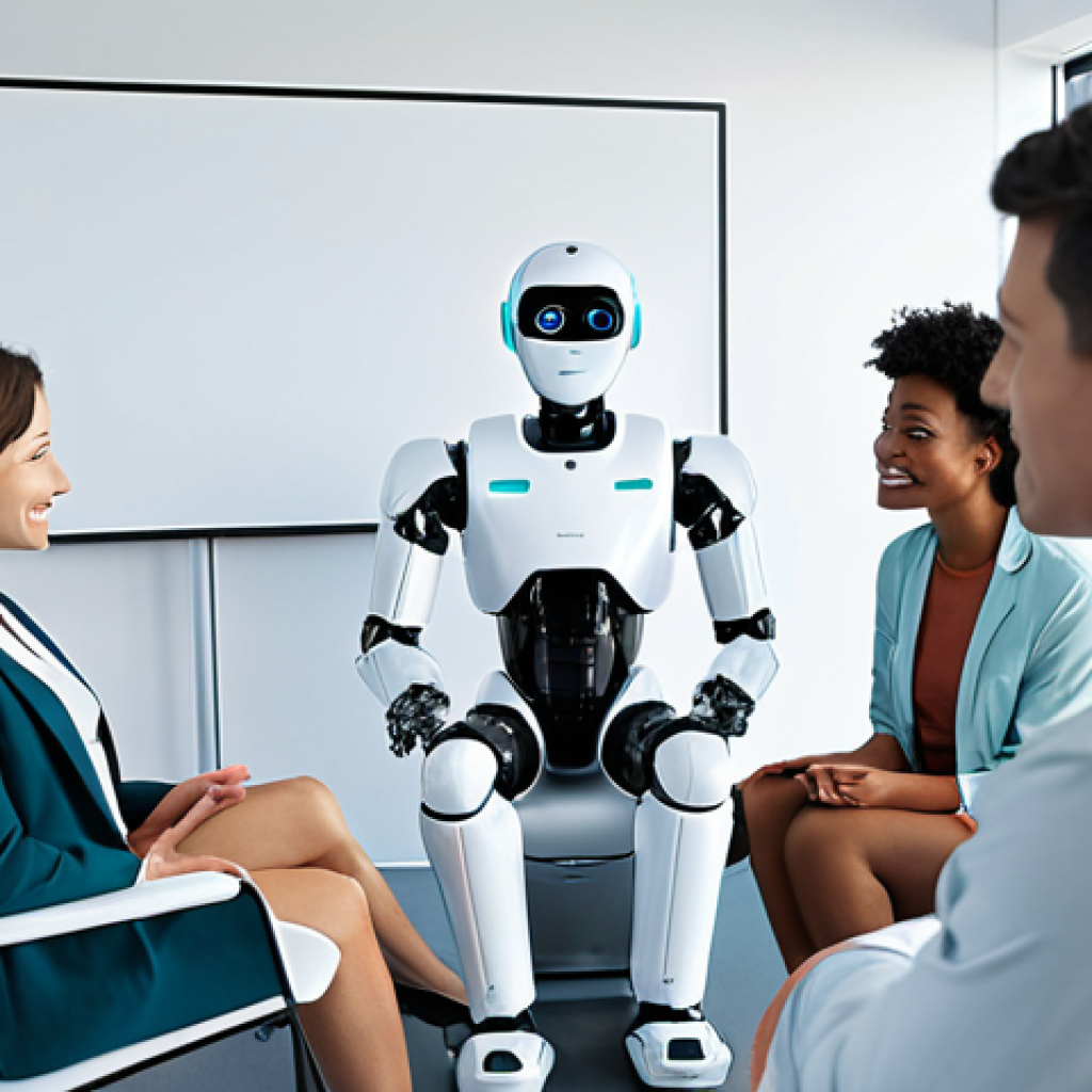 A futuristic, friendly-looking robot therapist sitting across from a diverse group of people in a modern, minimalist office. The robot has a gentle expression and a holographic display showing calming visuals. Focus on conveying a sense of accessibility, technology, and mental wellness. Use bright, welcoming colors.