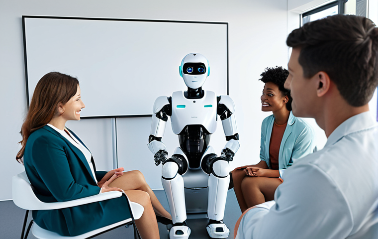 A futuristic, friendly-looking robot therapist sitting across from a diverse group of people in a modern, minimalist office. The robot has a gentle expression and a holographic display showing calming visuals. Focus on conveying a sense of accessibility, technology, and mental wellness. Use bright, welcoming colors.