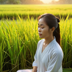 A serene Vietnamese woman practicing mindful meditation in a lush rice paddy at sunrise, bathed in golden light. Focus on tranquility and inner peace.