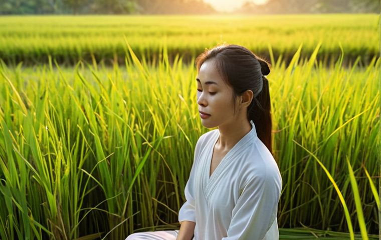 A serene Vietnamese woman practicing mindful meditation in a lush rice paddy at sunrise, bathed in golden light. Focus on tranquility and inner peace.