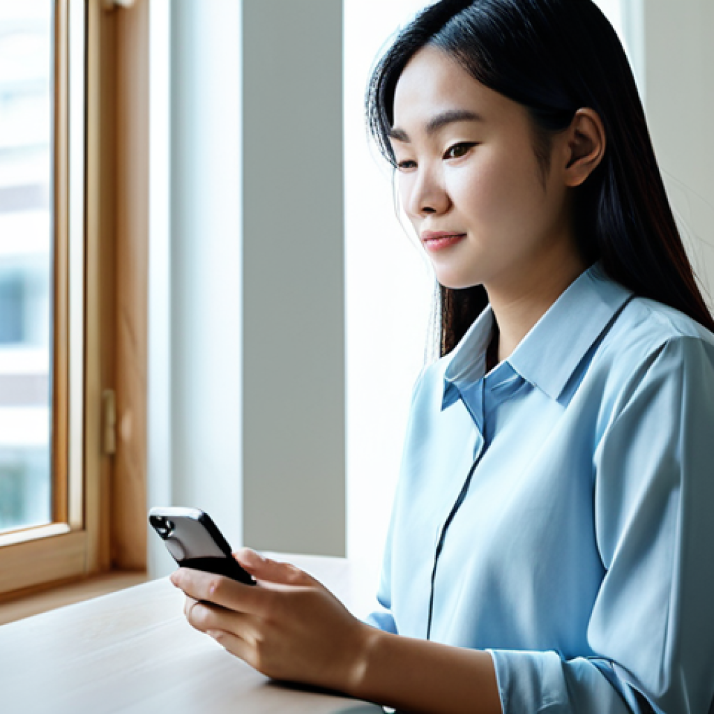 A young Vietnamese professional, fully clothed in modest business casual attire, sitting comfortably in a modern, minimalist apartment. She is gently holding a smartphone, looking at its screen with a calm, thoughtful expression, as if engaged in a private, confidential conversation. The apartment is neat, with soft natural light coming through a window, conveying a sense of peace and privacy. Professional photography, soft ambient lighting, safe for work, appropriate content, fully clothed, modest attire, perfect anatomy, correct proportions, natural pose, well-formed hands, proper finger count, natural body proportions.