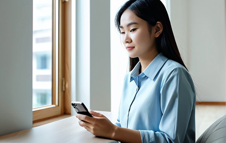 A young Vietnamese professional, fully clothed in modest business casual attire, sitting comfortably in a modern, minimalist apartment. She is gently holding a smartphone, looking at its screen with a calm, thoughtful expression, as if engaged in a private, confidential conversation. The apartment is neat, with soft natural light coming through a window, conveying a sense of peace and privacy. Professional photography, soft ambient lighting, safe for work, appropriate content, fully clothed, modest attire, perfect anatomy, correct proportions, natural pose, well-formed hands, proper finger count, natural body proportions.