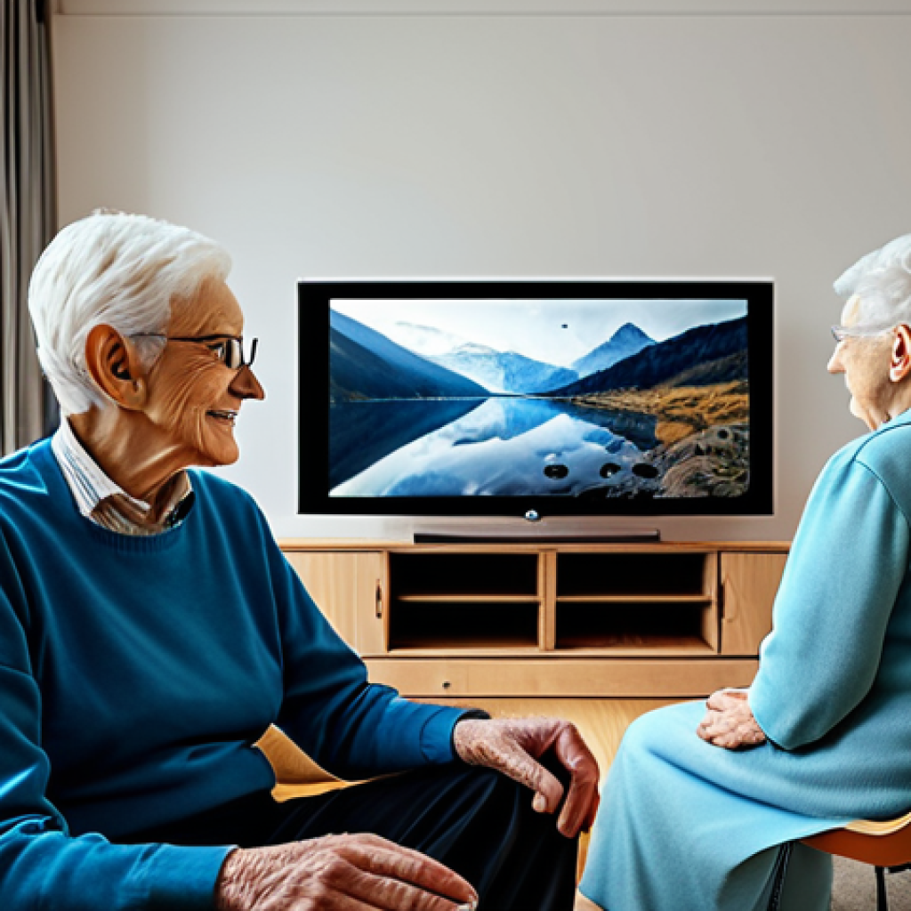 **
A friendly robot with a screen displaying a calming image (e.g., a peaceful landscape), sitting next to a fully clothed elderly person in a cozy living room, appropriate attire, safe for work, perfect anatomy (for the person), natural proportions, family-friendly, well-lit, professional digital art.
**
