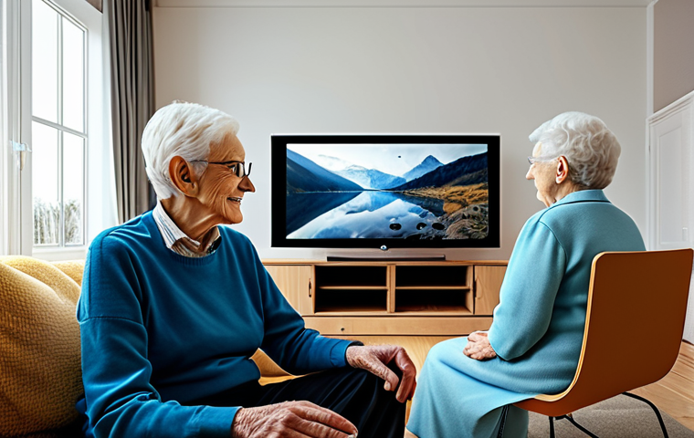 **
A friendly robot with a screen displaying a calming image (e.g., a peaceful landscape), sitting next to a fully clothed elderly person in a cozy living room, appropriate attire, safe for work, perfect anatomy (for the person), natural proportions, family-friendly, well-lit, professional digital art.
**