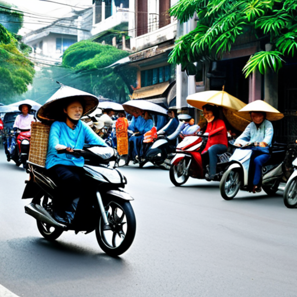 **
A bustling street scene in Hanoi, Vietnam. Motorbikes weave through crowds of people. Street vendors sell pho and fresh fruit. Traditional Vietnamese architecture visible in the background. Everyone is fully clothed and in appropriate attire. Safe for work, appropriate content, professional photography, high quality, perfect anatomy, natural proportions, family-friendly.
**