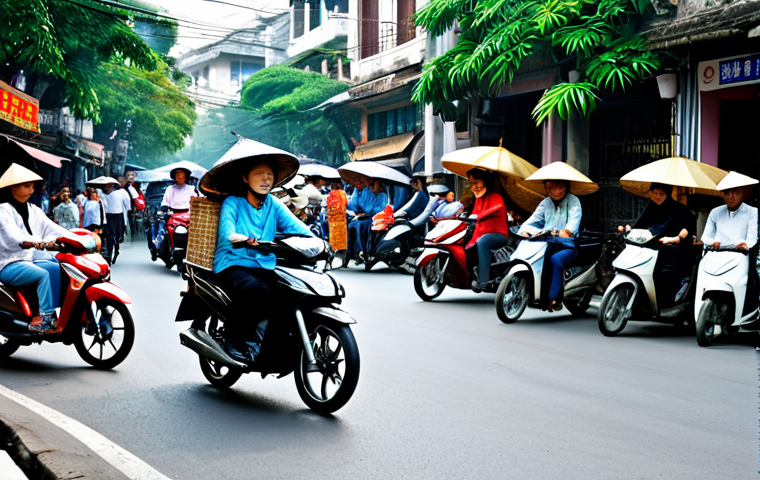 **
A bustling street scene in Hanoi, Vietnam. Motorbikes weave through crowds of people. Street vendors sell pho and fresh fruit. Traditional Vietnamese architecture visible in the background. Everyone is fully clothed and in appropriate attire. Safe for work, appropriate content, professional photography, high quality, perfect anatomy, natural proportions, family-friendly.
**