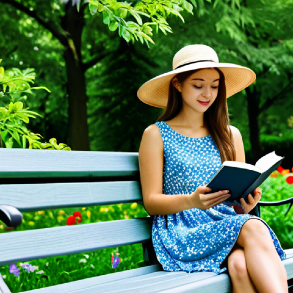 로봇 심리상담의 신뢰성 및 유효성 평가 - Peaceful Park Scene**
A young woman wearing a modest sundress and a wide-brimmed hat is reading a b...