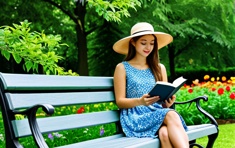 로봇 심리상담의 신뢰성 및 유효성 평가 - Peaceful Park Scene**
A young woman wearing a modest sundress and a wide-brimmed hat is reading a b...