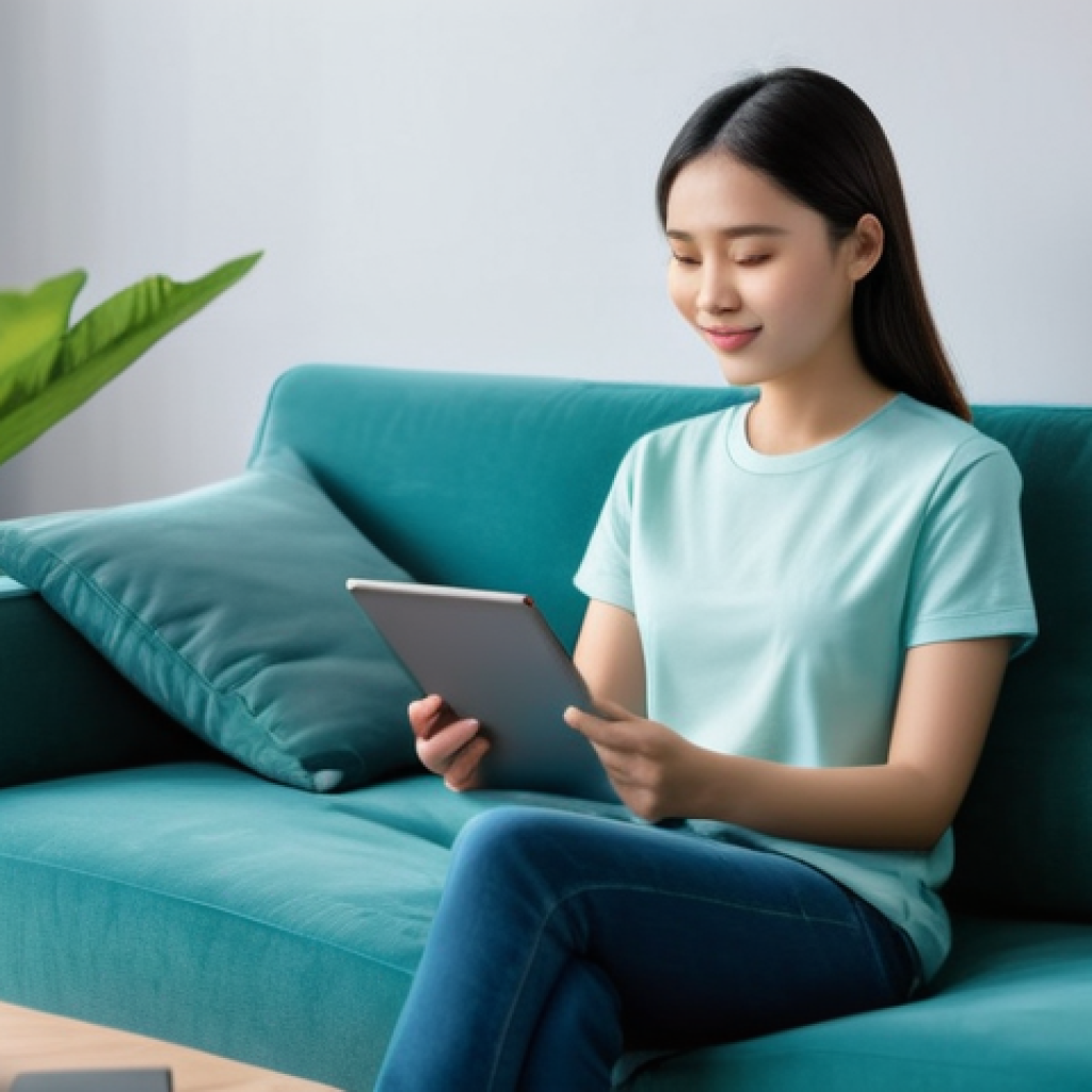 로봇 심리상담의 전문적 지원 체계 - **Prompt: "A young Vietnamese woman, in her late 20s, sits comfortably on a plush sofa in a modern, ...