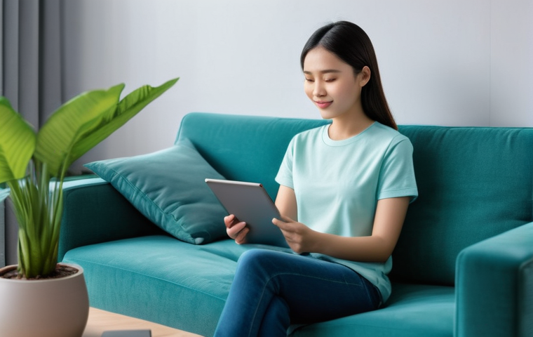 로봇 심리상담의 전문적 지원 체계 - **Prompt: "A young Vietnamese woman, in her late 20s, sits comfortably on a plush sofa in a modern, ...