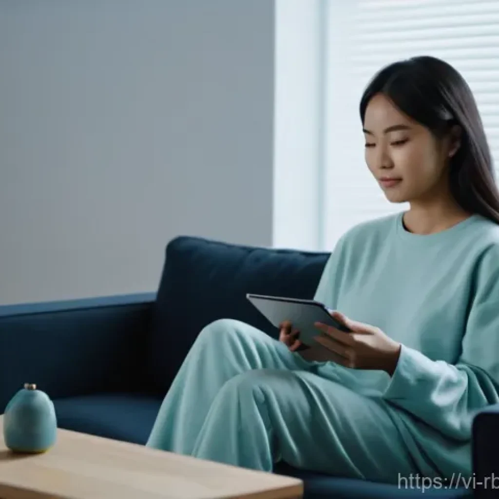 로봇 심리상담의 사용자 요구 분석 - **Prompt:** A young Vietnamese woman, in her late 20s, sits comfortably on a plush sofa in a softly ...