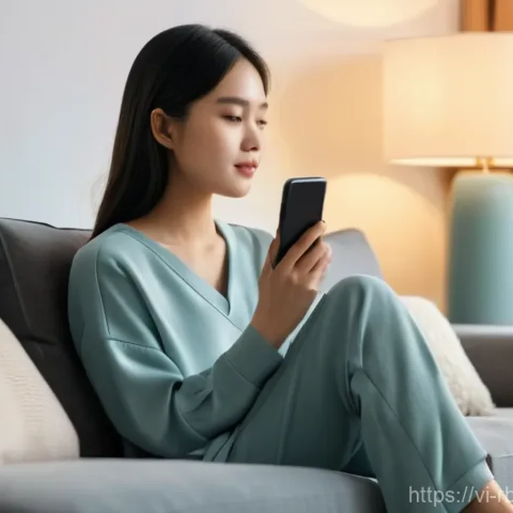 로봇 심리상담의 심리적 지원의 필요성 - **Prompt:** "A young Vietnamese woman, in her late 20s, sits comfortably on a plush sofa in a softly...