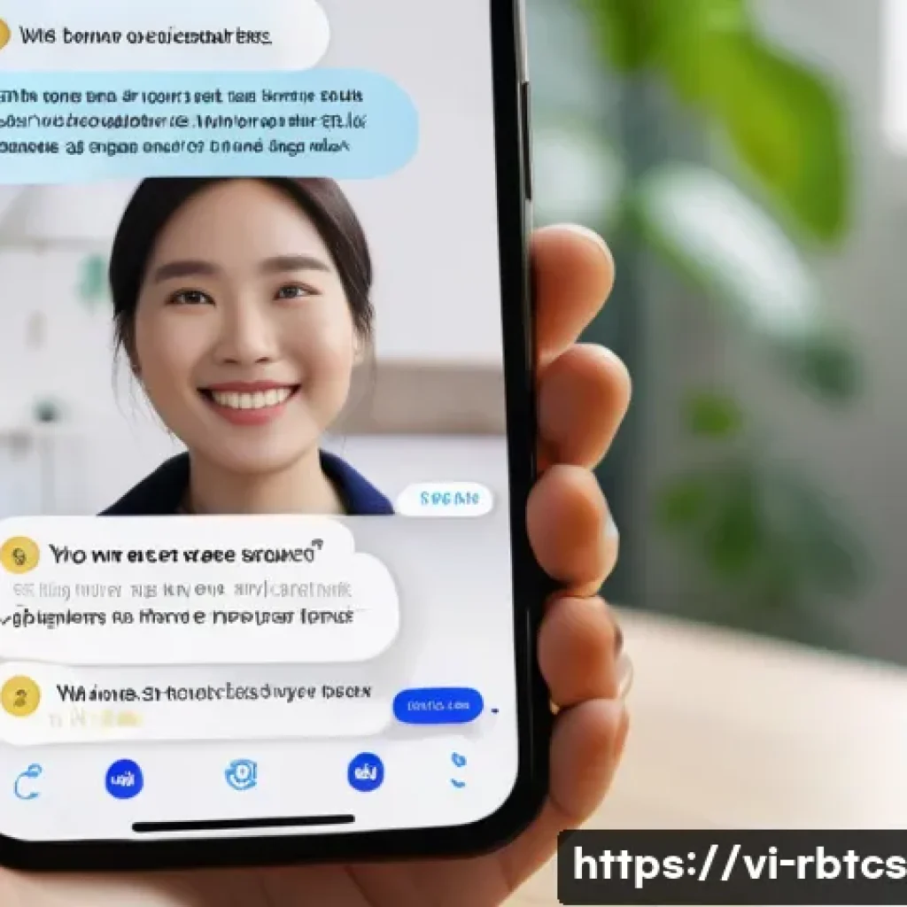 로봇 심리상담의 고객 경험 혁신 - A friendly Vietnamese AI mental health chatbot interface on a smartphone screen, showing a calm, smi...