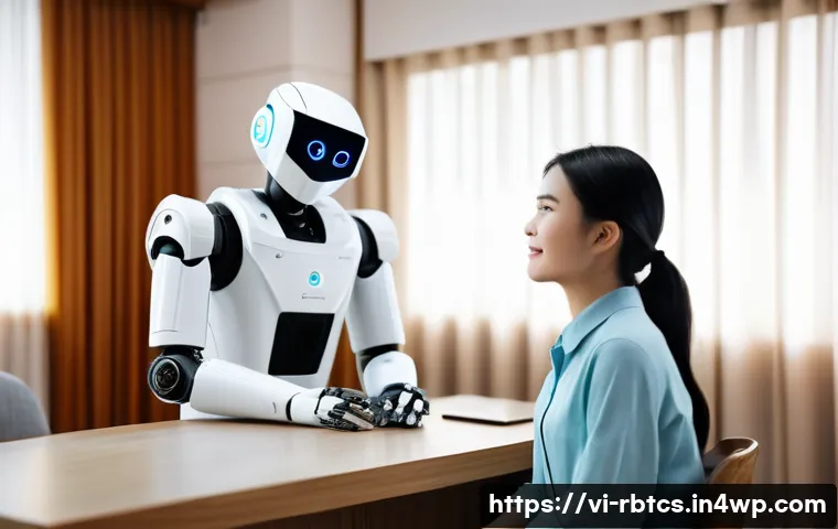 로봇 심리상담의 협력적 접근법 - A modern Vietnamese counseling center featuring a friendly robot assistant equipped with AI technolo...