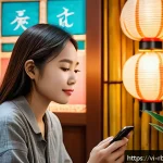 Home 20 로봇 심리상담의 기술적 통합 - A modern Vietnamese urban setting showing a young adult woman using a smartphone app for AI psycholo...