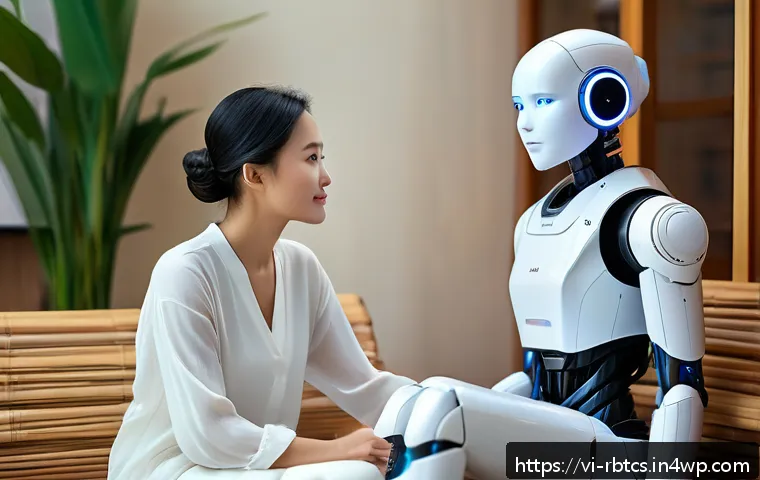 로봇 심리상담의 심리적 안정성 강화 방안 - A futuristic AI counseling robot depicted as a sleek, humanoid figure with soft glowing blue eyes an...