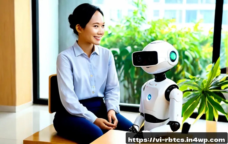 Home 17 로봇 심리상담의 기술적 접근 방식 - Photorealistic scene of a friendly humanoid counseling robot speaking calmly with a Vietnamese adult...